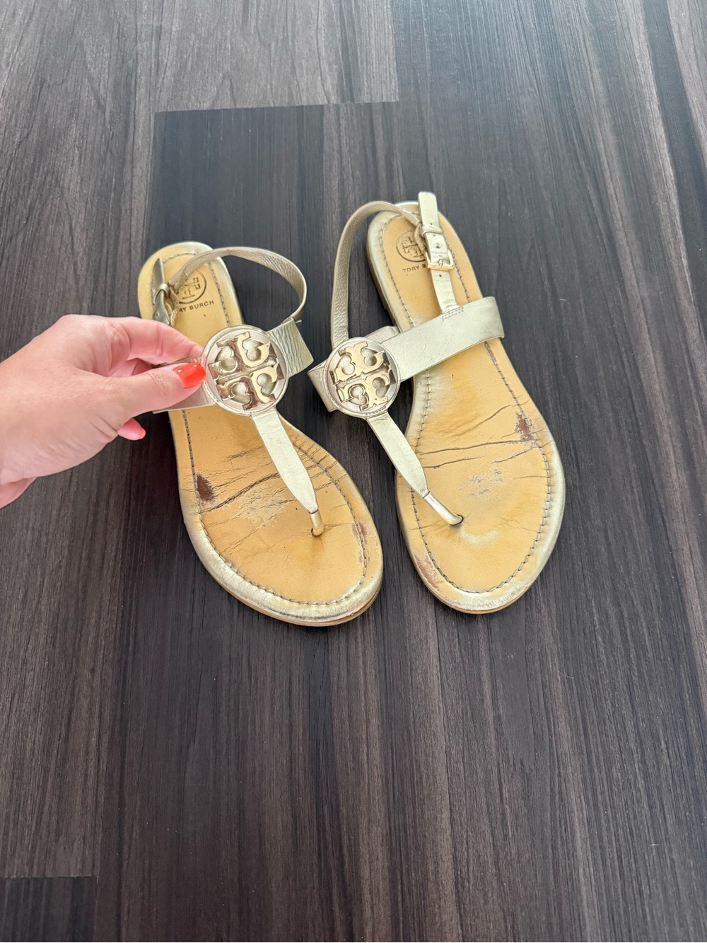 Tory Burch Metallic Gold Logo T-Strap Sandals